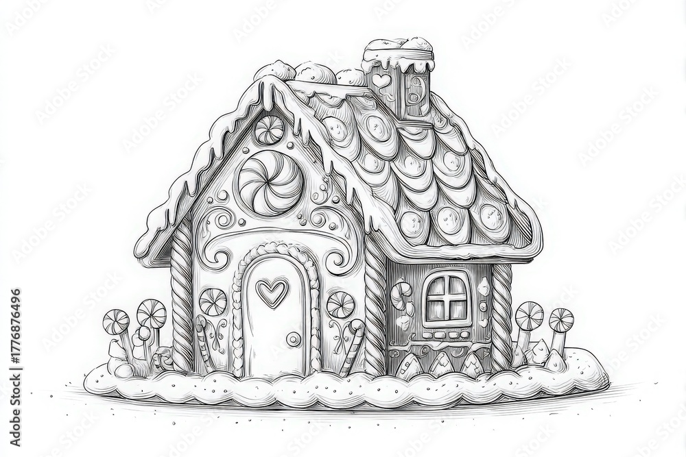 A whimsical gingerbread house stands in a snowy landscape, featuring candy accents and icing details. The cozy design captures the spirit of winter and festive cheer, inviting all to admire its charm.