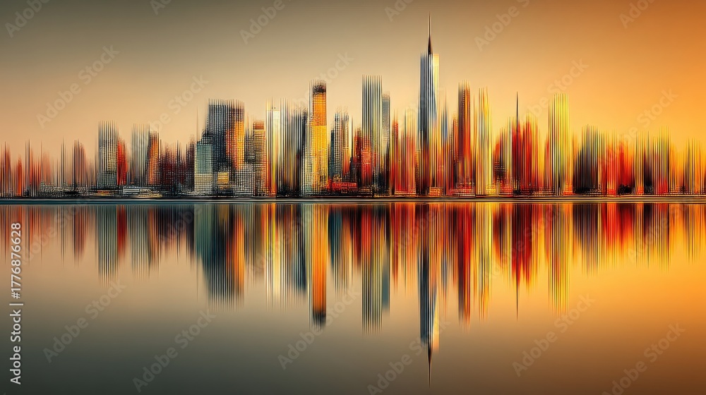 Skyscrapers blend into a colorful sunset, creating a striking reflection in calm waters. The scene captures the urban landscape with a dreamy, blurred effect in warm hues.
