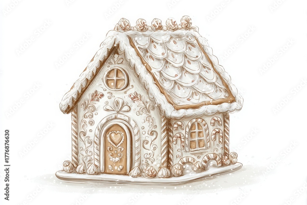 This delightful gingerbread house features intricate icing designs and colorful candy accents. Its snowy roof and whimsical details make it a festive decoration for the holiday season.