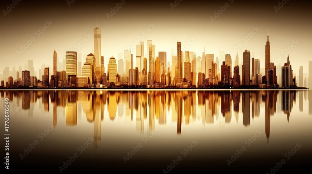 A stunning city skyline showcases tall skyscrapers against a vibrant sunset. The buildings are illuminated with golden colors, reflected perfectly on the calm water below.