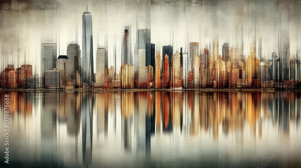 The skyline of a vibrant city is illuminated at dusk, showcasing tall buildings with shimmering reflections on the water. Warm colors blend beautifully, creating an artistic view.