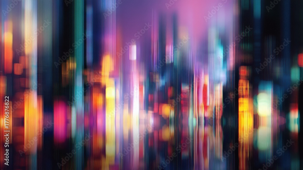 Bright city lights shimmer and blur together, creating a colorful abstract representation of an urban landscape at night. The vibrant hues reflect the energy of a bustling city.