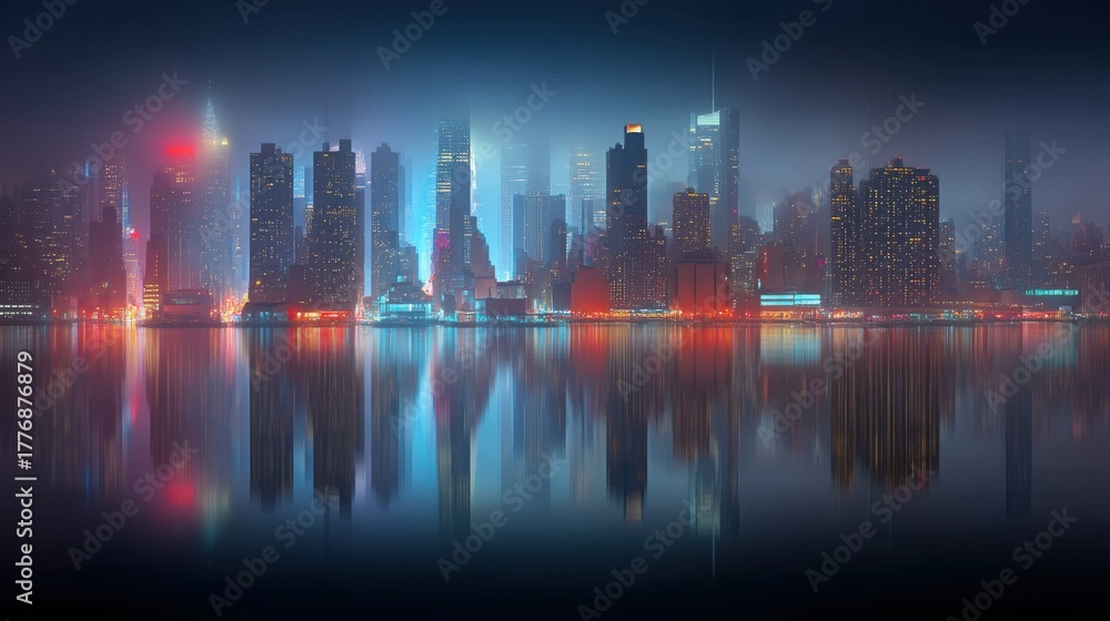 A vibrant city skyline stands tall against the night sky. The buildings are lit up with colorful lights, reflecting beautifully in the water below. Fog adds a mysterious touch to the scene.