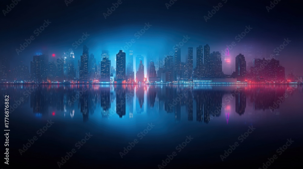 A captivating view of a city skyline at night shows tall buildings illuminated with bright lights. The colorful reflections dance on the calm water, creating a serene atmosphere.