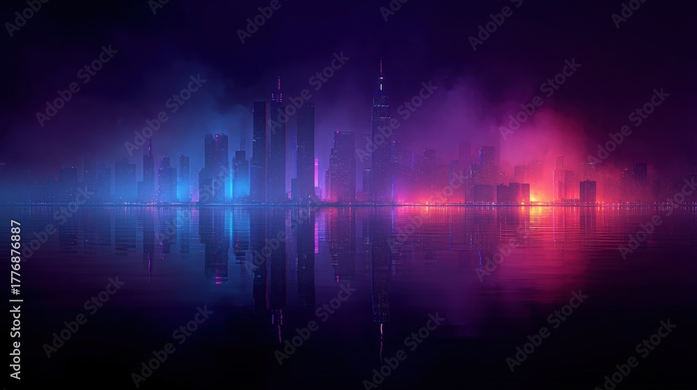 A bustling city skyline at night showcases tall buildings glowing with bright neon colors. The reflections create a mesmerizing view on the calm water, enhancing the urban atmosphere.