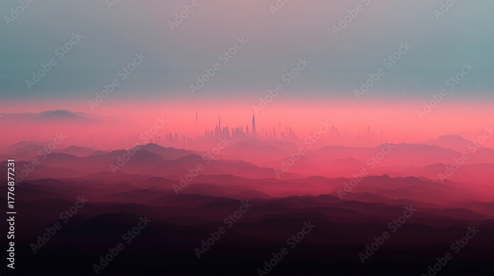 Misty mountains stretch across the foreground while a distant city skyline emerges through a vibrant pink haze at sunset.