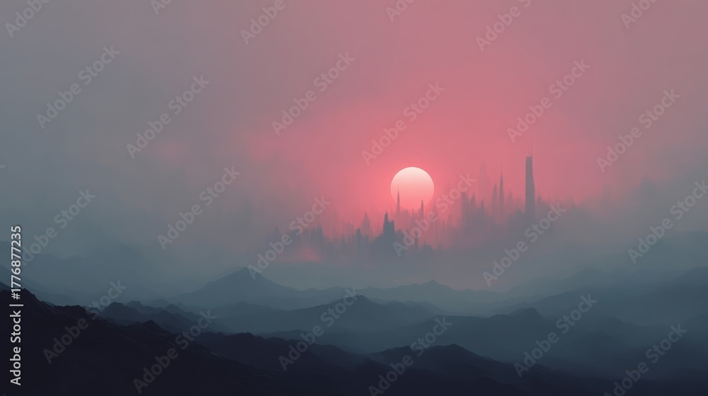 A beautiful sunset casts a pink glow over distant mountains and a city skyline. The mist adds a mystic feel, enhancing the serene atmosphere of the natural landscape.
