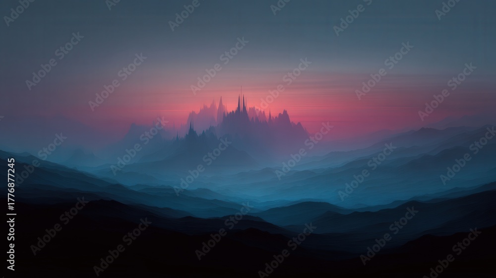 A stunning view of jagged mountain peaks rising against a colorful sunset sky. The landscape shows layers of blue and purple hills, creating a serene and mystical atmosphere.