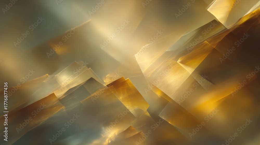 A visually striking scene featuring large, abstract shapes rising dramatically. The colors blend softly, showcasing golden tones against cool, cloudy backgrounds, creating a unique atmosphere.