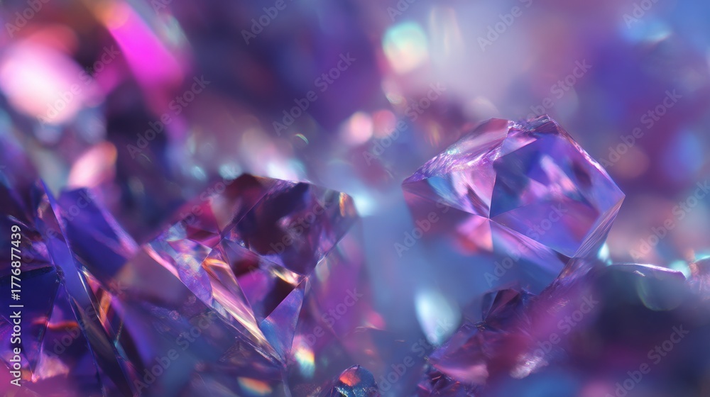 Colorful crystal formations display shades of purple and blue, reflecting light in an enchanting way. These natural gems sit closely together, creating a captivating visual scene.