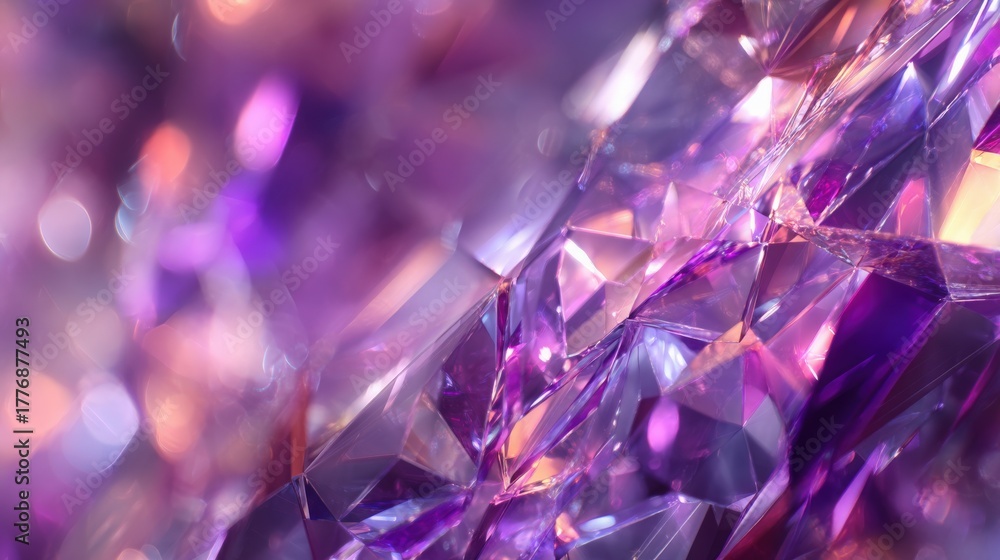 Shimmering purple crystals reflect light in various shades and angles. The detailed surface highlights sharp facets and rich colors, creating an enchanting visual effect that captivates attention.