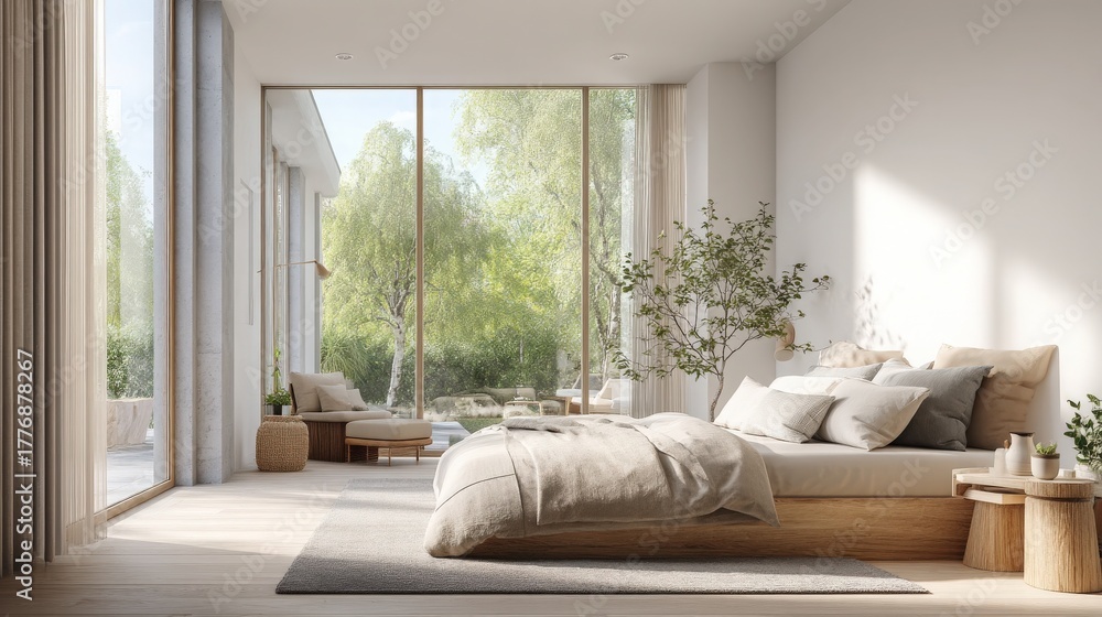 This room features a cozy bed with soft linens and pillows, large windows letting in natural light, and a view of a green garden.