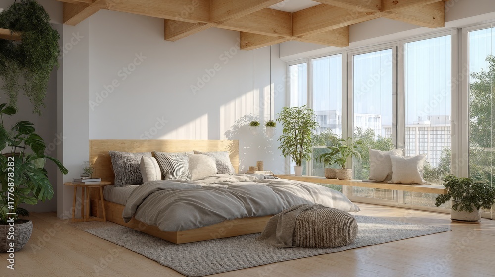 This spacious bedroom features a low wooden bed with soft bedding, surrounded by greenery. Large windows allow abundant natural light to fill the room, creating a serene atmosphere.
