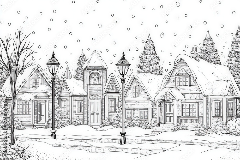 A peaceful winter scene shows a row of cozy houses with sloped roofs and intricate details. Snow covers the ground and trees, while snowflakes gently fall from the sky, creating a serene atmosphere.
