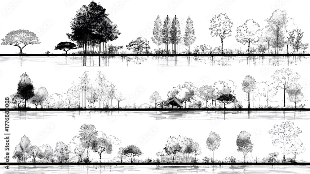 Architectural Drawings, Minimal style cad tree line drawing, Side view ...