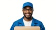 © Cintia - Smiling delivery man in blue uniform and cap holding a box against a white background. Professional service.