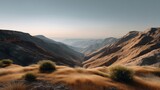 Golden Hour Canyon: A sweeping vista unfolds, where majestic mountains meet the vast expanse of the sky. The foreground is alive with swaying grasses, and sunlight caresses the mountain ridges