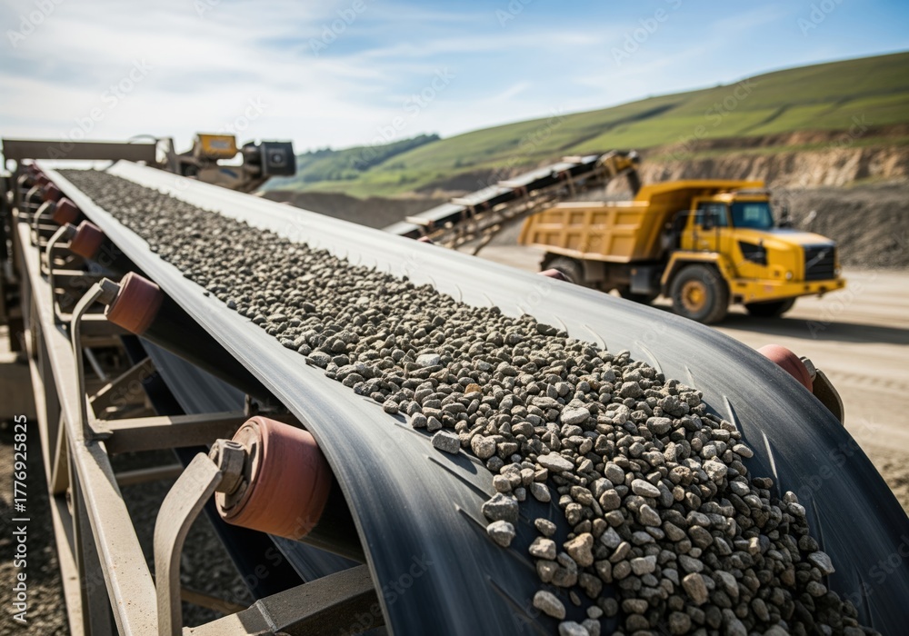 Active industrial conveyor belt transporting gravel aggregate in a ...
