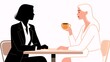 © joeycheung - A stylized illustration shows two women having a conversation at a cafe tableone in silhouette wearing business attire, the other with blonde hair holding a steaming cup of coffee. The scene suggests