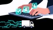 © joeycheung - A person types on a keyboard as glowing digital iconsshowing user profiles and a checkmarkfloat above their hands, symbolizing secure online transactions or logistics tracking. Below, a delivery truck