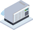 © Rizky - Isometric illustration of a grey server box emitting blue wireless signals, placed on a platform. The server has colorful status lights.