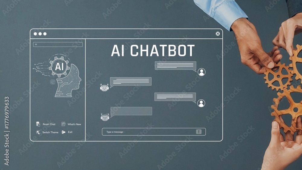This image features hands collaborating over design elements of an AI ...