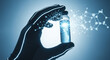 © ADD PHOTO - Gloved hand glass vial blue liquid glowing futuristic science laboratory molecular structure innovation research technology healthcare medical sterile chemistry discovery experiment analysis