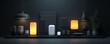 © Atchariya63 - Modern lamp smart speaker wireless charger ambient light dark interior minimalist shelf home gadget soft glow matte black warm tone