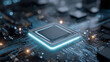 © Milon - Close up shot of a central processing unit with glowing edges on a circuit board surface
