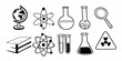 © ayat - Illustration of science themed objects including globe atoms beakers and radiation symbol in black and white