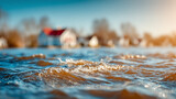 Rippling water in a flooded area with distant houses in the background, showcasing the impact of rising water levels.