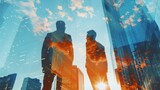 Silhouetted businessmen in modern cityscape at sunset