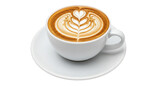Cup of cappuccino with latte art isolated on transparent background, top view