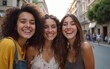 © li - Multiracial best friends having fun outside - Group of young people smiling at camera outdoors - Friendship concept with guys and girls hanging out on city street. High quality