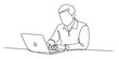 © Creative_Oneline - Minimalist continuous line art drawing of a man working on a laptop, depicting remote work, online learning, and digital technology concepts with clean strokes. Vector