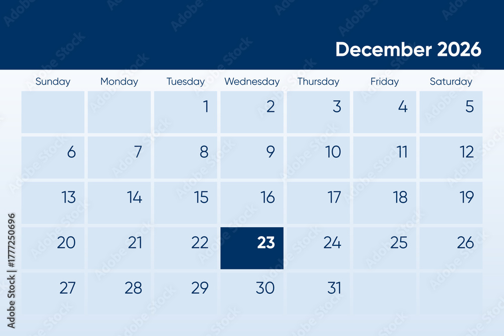 23 December 2026 calendar day design. It shows 2026 December 23 date ...