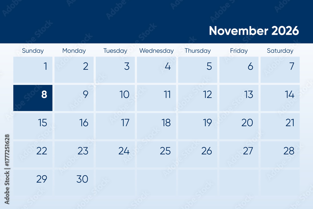 8 November 2026 calendar day design. It shows 2026 November 8 date ...