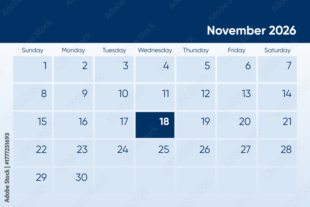 18 November 2026 calendar day design. It shows 2026 November 18 date ...