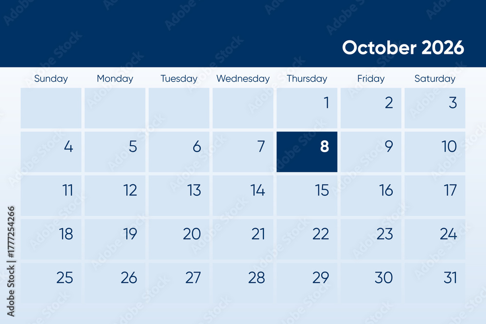 8 October 2026 calendar day design. It shows 2026 October 8 date ...