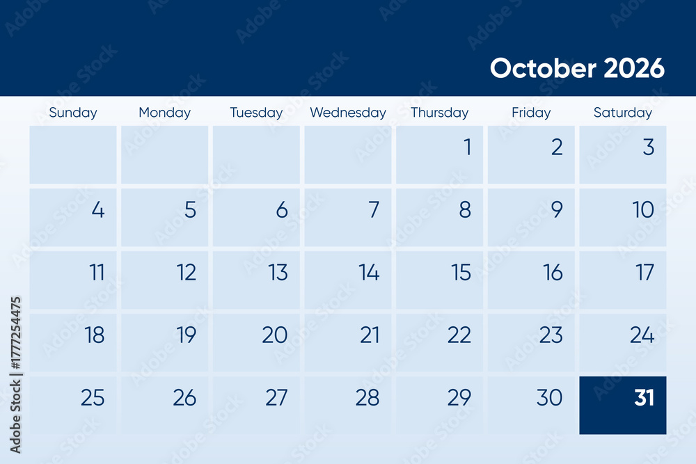 31 October 2026 calendar day design. It shows 2026 October 31 date ...