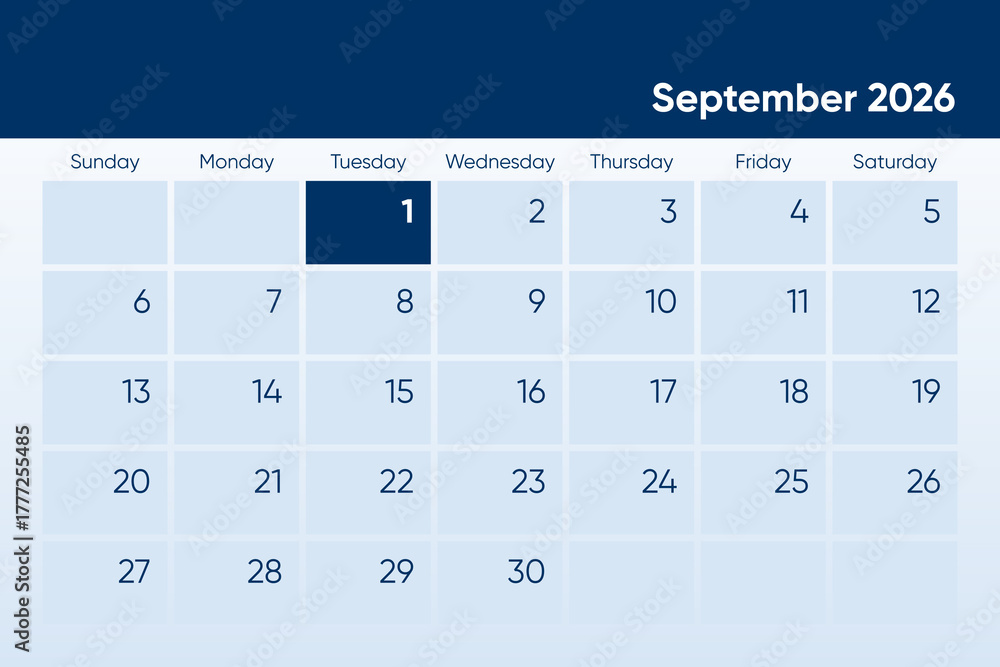 1 September 2026 calendar day design. It shows 2026 September 1 date ...