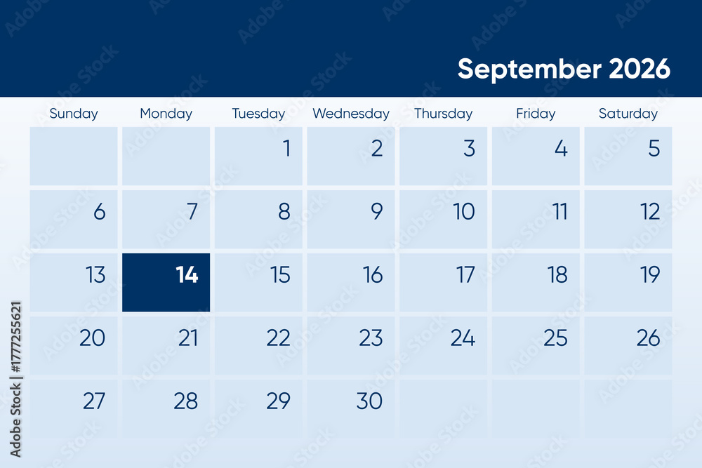 14 September 2026 calendar day design. It shows 2026 September 14 date ...