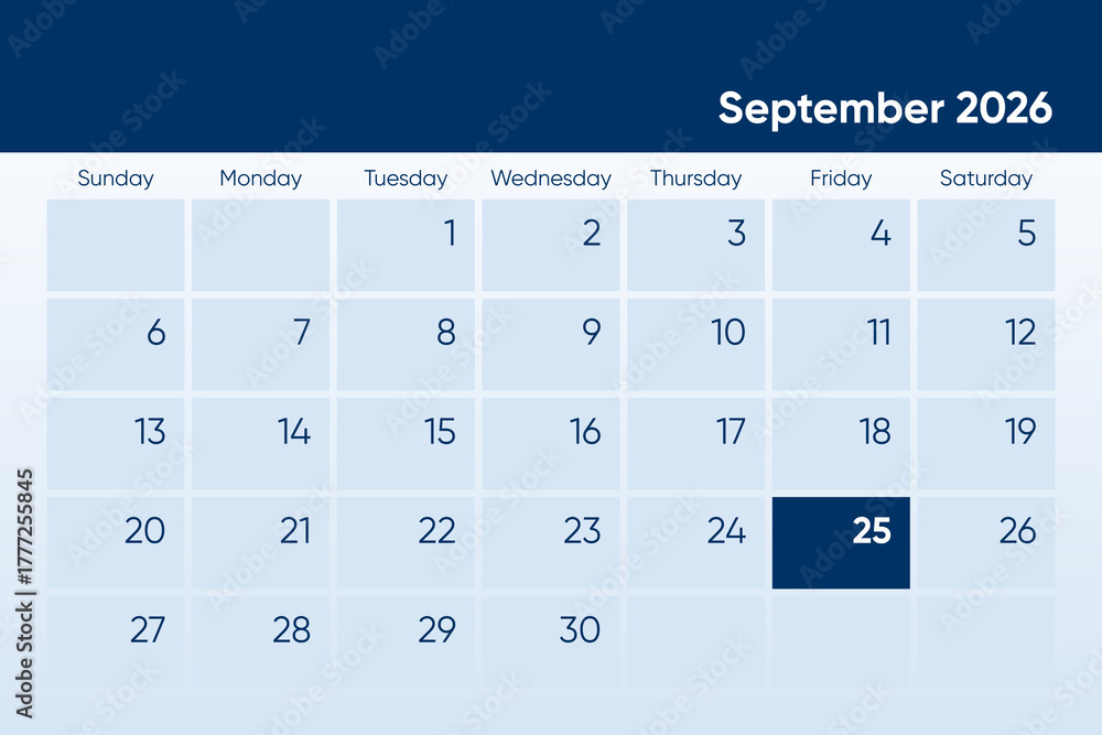 25 September 2026 calendar day design. It shows 2026 September 25 date ...