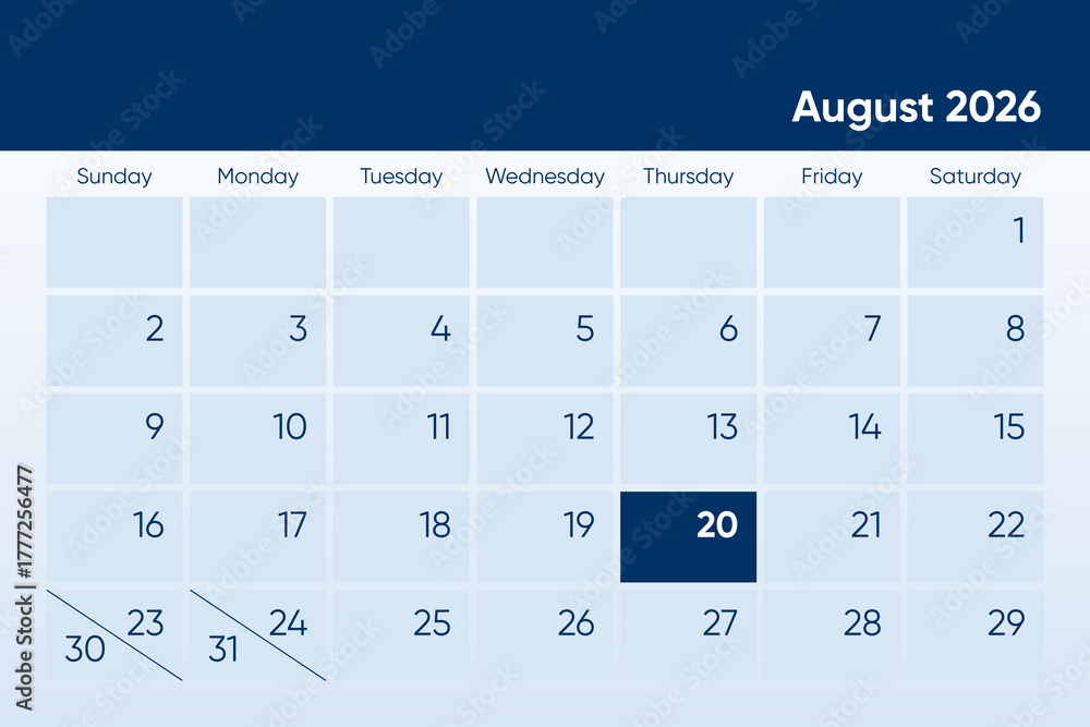 20 August 2026 calendar day design. It shows 2026 August 20 date ...