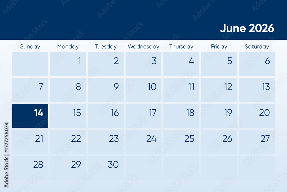 14 June 2026 calendar day design. It shows 2026 June 14 date calendar ...