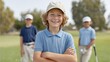 © 69 - Young Golfer Posing with Friends on the Golf Course, All Wearing Golf Gear and Smiling in Bright, Sunny Day