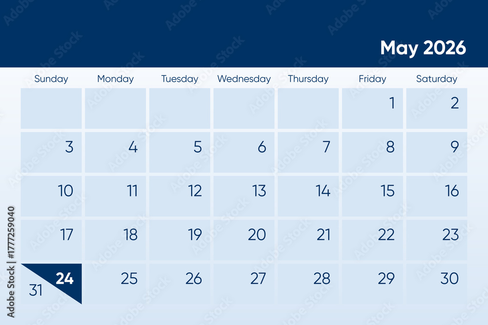 24 May 2026 calendar day design. It shows 2026 May 24 date calendar ...