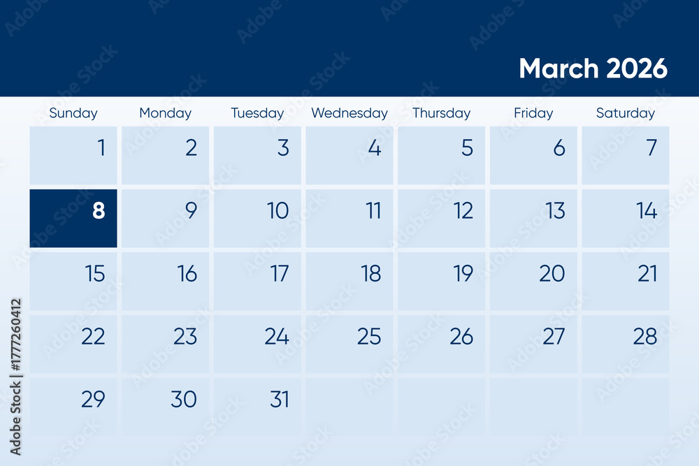 8 March 2026 calendar day design. It shows 2026 March 8 date calendar ...