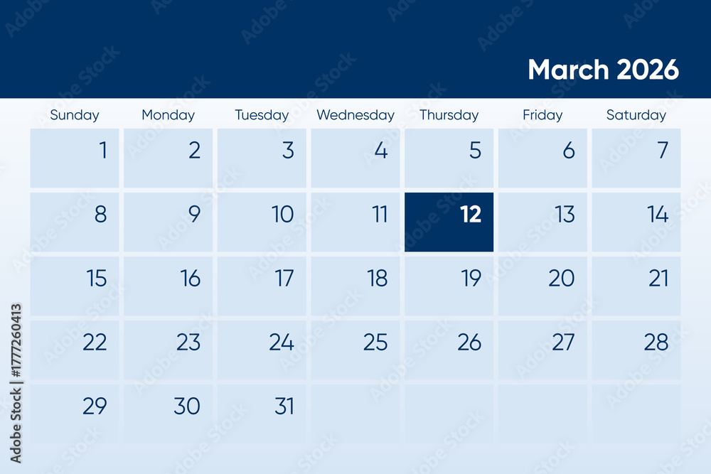 12 March 2026 calendar day design. It shows 2026 March 12 date calendar ...