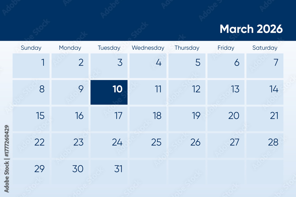 10 March 2026 calendar day design. It shows 2026 March 10 date calendar ...